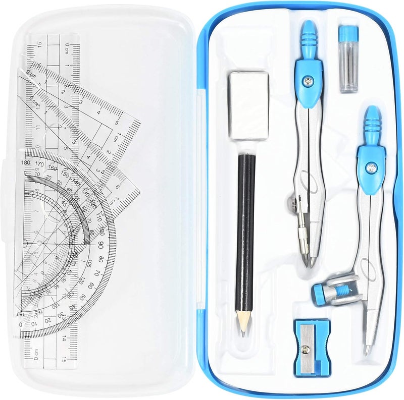 Vobou Math Geometry Kit Sets 10 Piece Student Supplies with Shatterproof Storage Box,Includes Rulers,Protractor,Compass,Eraser,Pencil Sharpener,Lead Refills,Pencil,for Drafting and Drawings（Blue） - Image 1